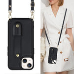Card Holder Shell for iPhone 15, Kickstand Case PU Leather Coated TPU Phone Cover with Shoulder Strap