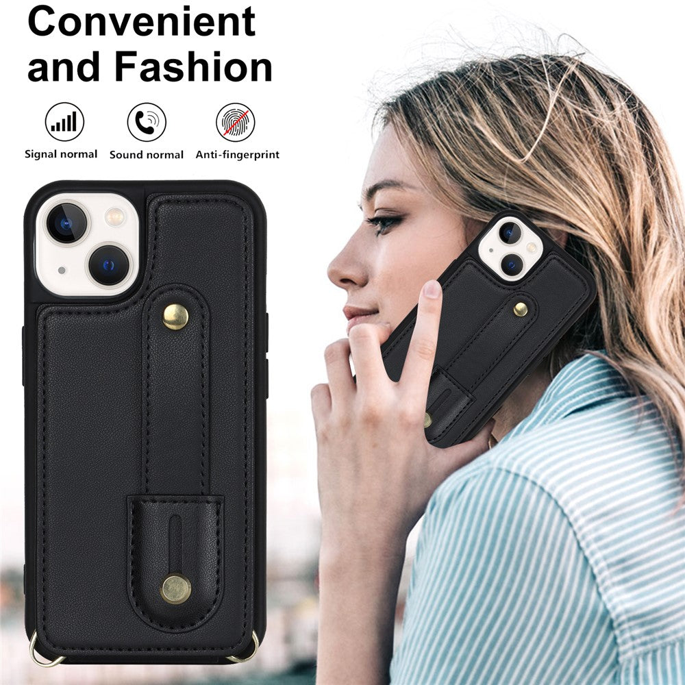 Card Holder Shell for iPhone 15, Kickstand Case PU Leather Coated TPU Phone Cover with Shoulder Strap