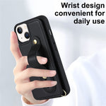 Card Holder Shell for iPhone 15, Kickstand Case PU Leather Coated TPU Phone Cover with Shoulder Strap