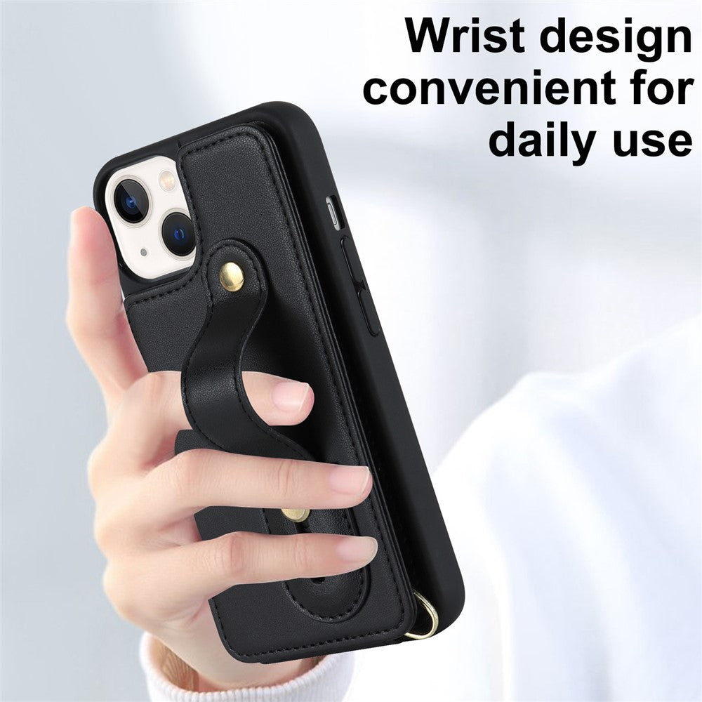 Card Holder Shell for iPhone 15, Kickstand Case PU Leather Coated TPU Phone Cover with Shoulder Strap