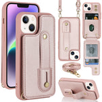 Card Holder Shell for iPhone 15, Kickstand Case PU Leather Coated TPU Phone Cover with Shoulder Strap