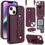 Card Holder Shell for iPhone 15, Kickstand Case PU Leather Coated TPU Phone Cover with Shoulder Strap