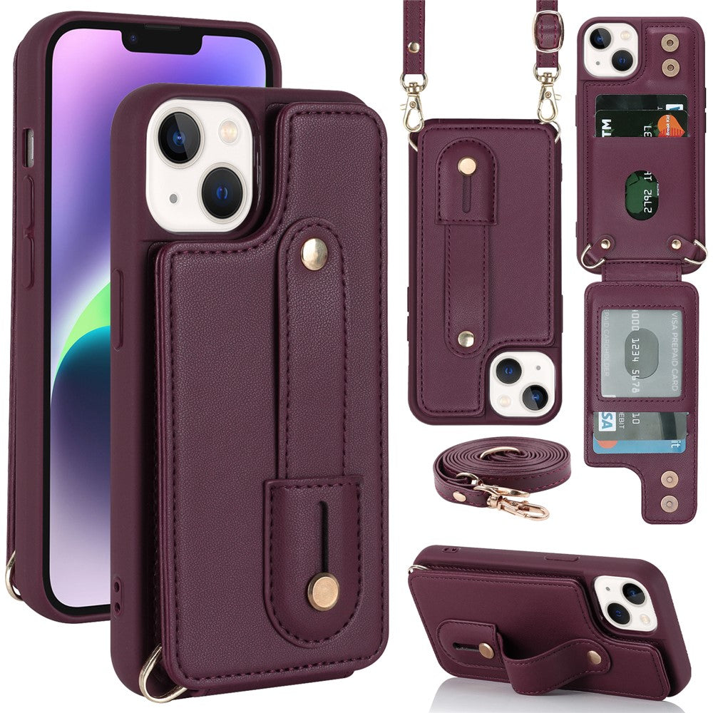 Card Holder Shell for iPhone 15, Kickstand Case PU Leather Coated TPU Phone Cover with Shoulder Strap