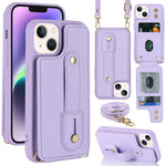 Card Holder Shell for iPhone 15, Kickstand Case PU Leather Coated TPU Phone Cover with Shoulder Strap