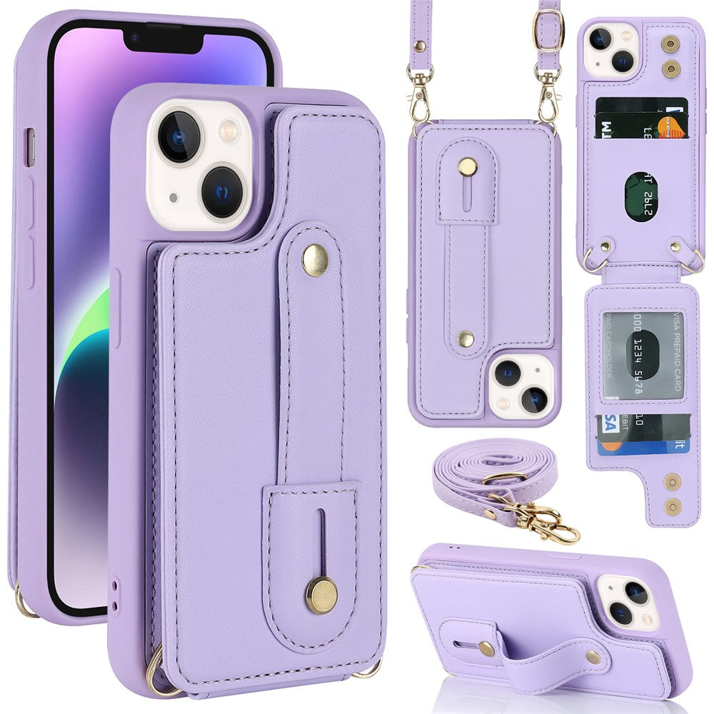 Card Holder Shell for iPhone 15, Kickstand Case PU Leather Coated TPU Phone Cover with Shoulder Strap