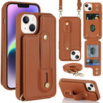 Card Holder Shell for iPhone 15, Kickstand Case PU Leather Coated TPU Phone Cover with Shoulder Strap