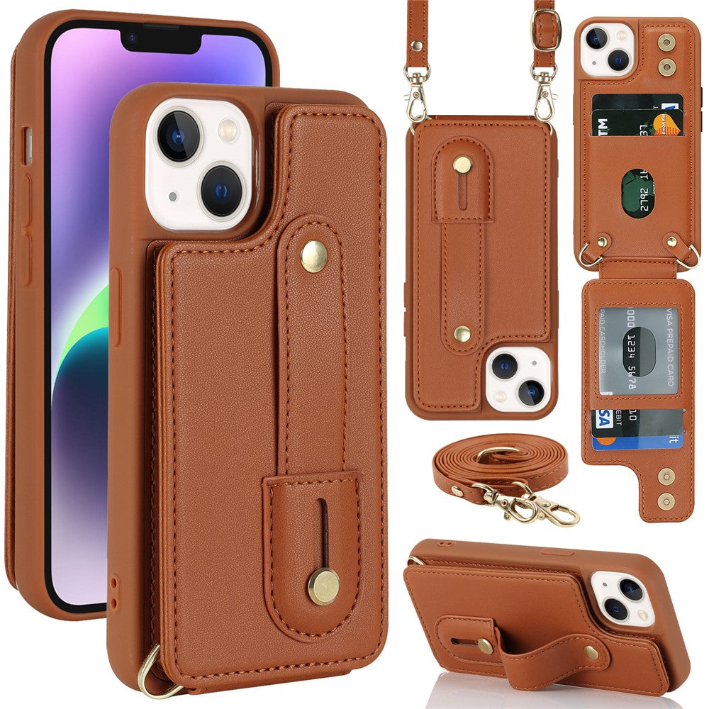 Card Holder Shell for iPhone 15, Kickstand Case PU Leather Coated TPU Phone Cover with Shoulder Strap