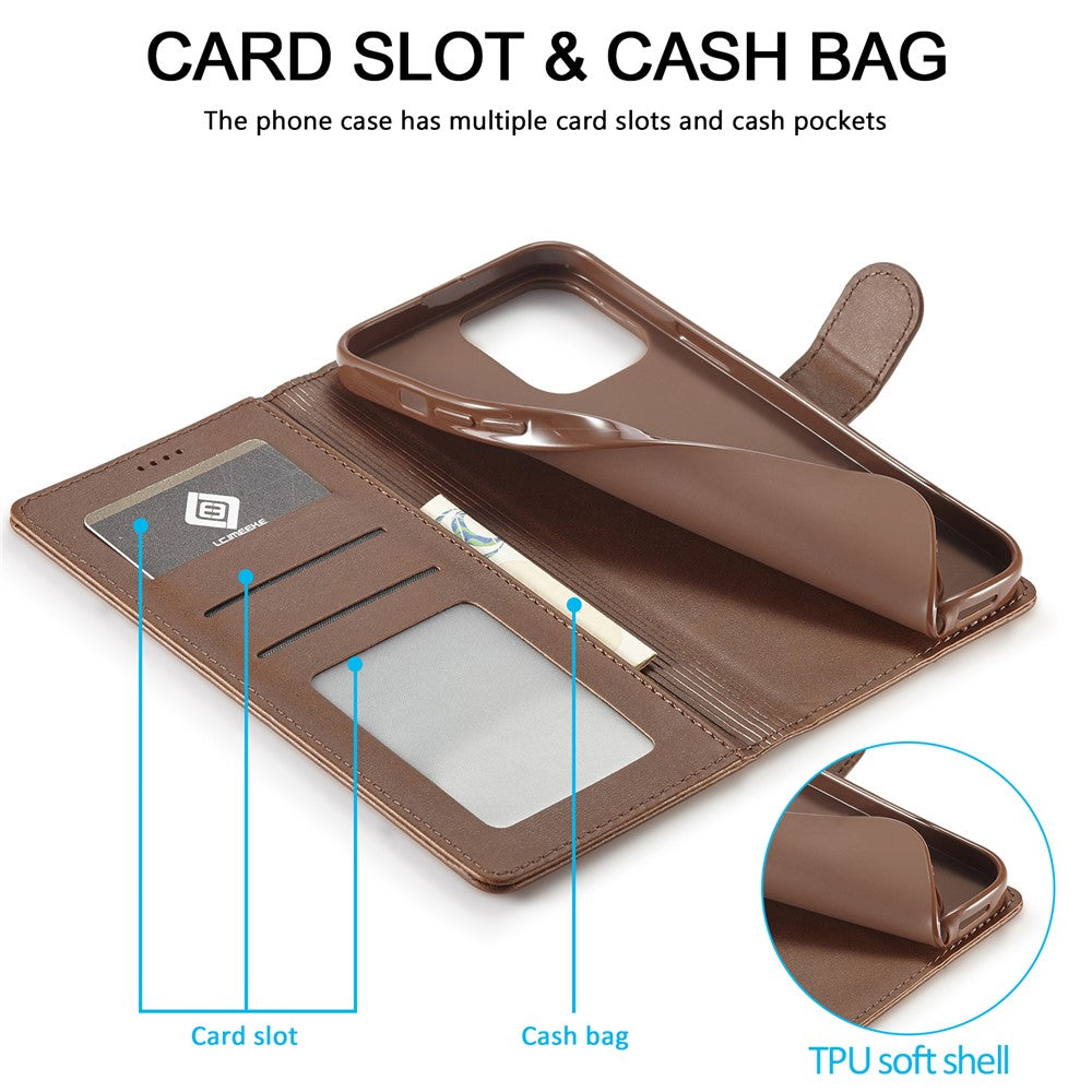 LC.IMEEKE For iPhone 15 Pro Max Wallet Case Calf Texture Foldable Stand PU Leather Flip Cover