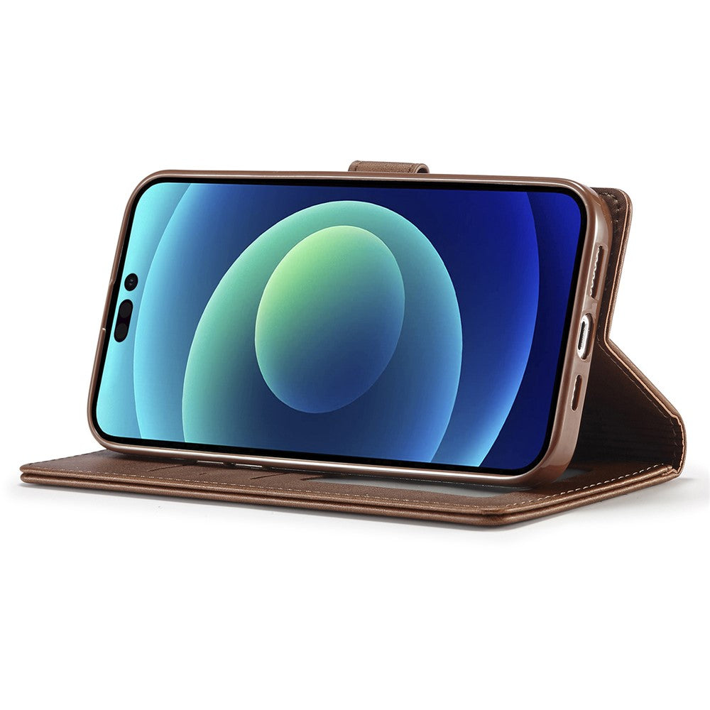 LC.IMEEKE For iPhone 15 Pro Max Wallet Case Calf Texture Foldable Stand PU Leather Flip Cover