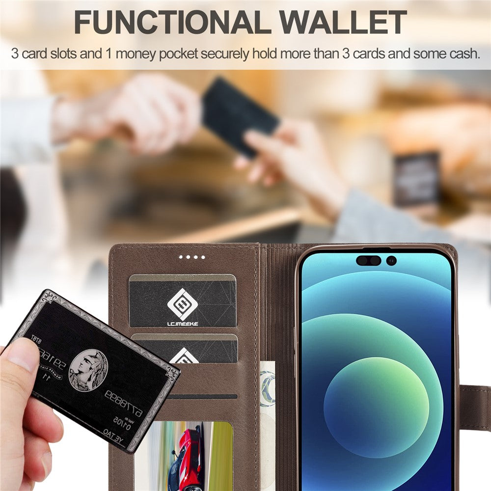 LC.IMEEKE For iPhone 15 Pro Max Wallet Case Calf Texture Foldable Stand PU Leather Flip Cover