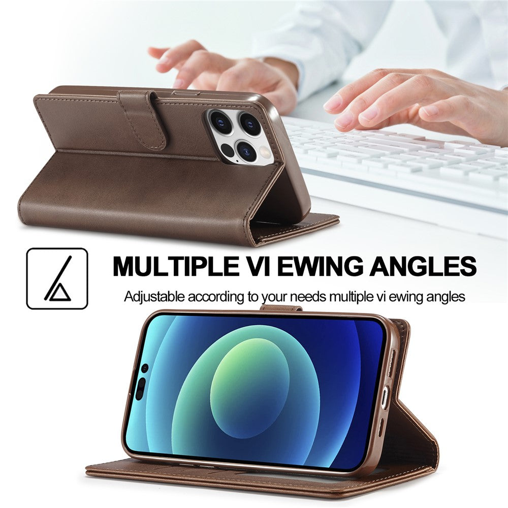 LC.IMEEKE For iPhone 15 Pro Max Wallet Case Calf Texture Foldable Stand PU Leather Flip Cover