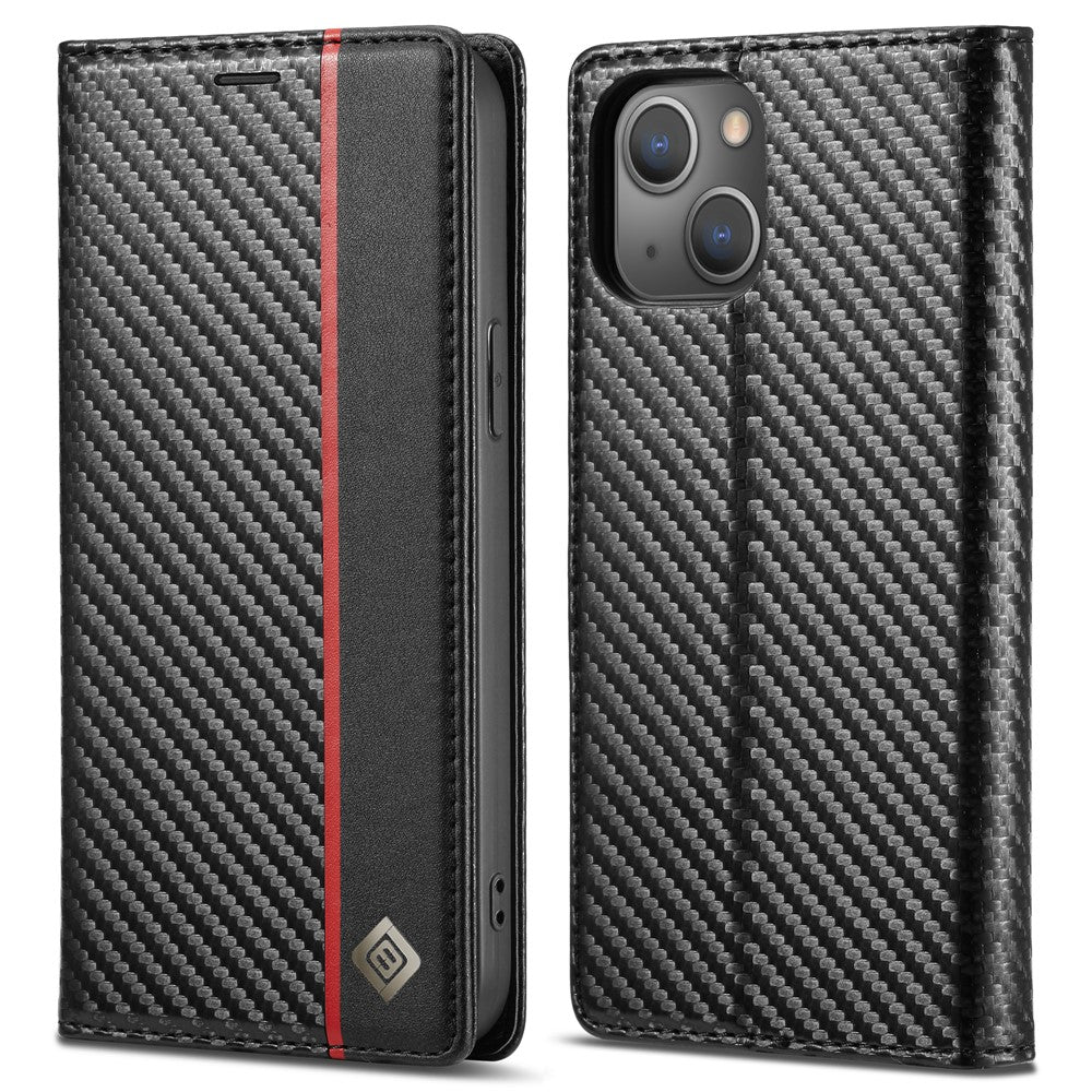 LC.IMEEKE For iPhone 15 Plus Folio Flip Leather Stand Cover Carbon Fiber Texture Wallet Phone Case