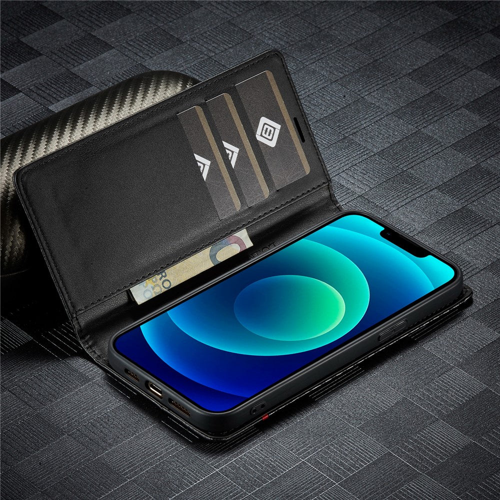 LC.IMEEKE For iPhone 15 Plus Folio Flip Leather Stand Cover Carbon Fiber Texture Wallet Phone Case