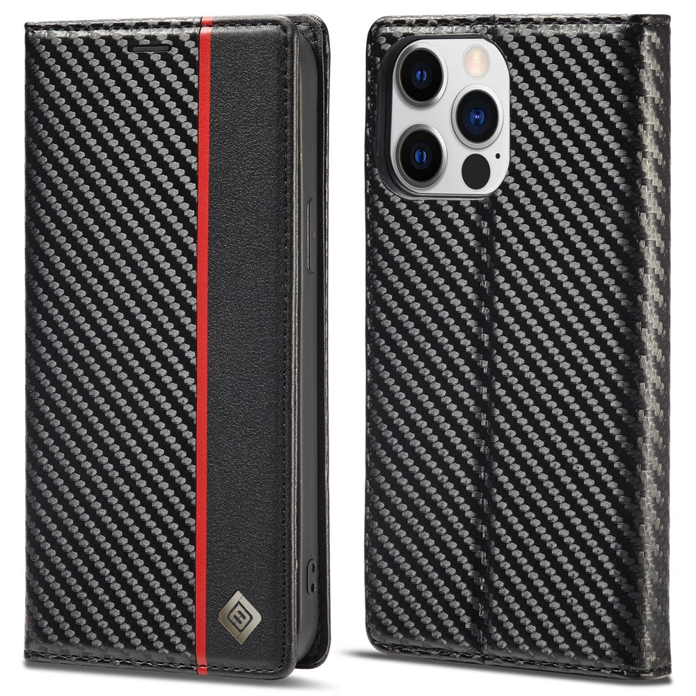 LC.IMEEKE For iPhone 15 Pro Carbon Fiber Texture Stand Cover Wallet Phone Leather Case