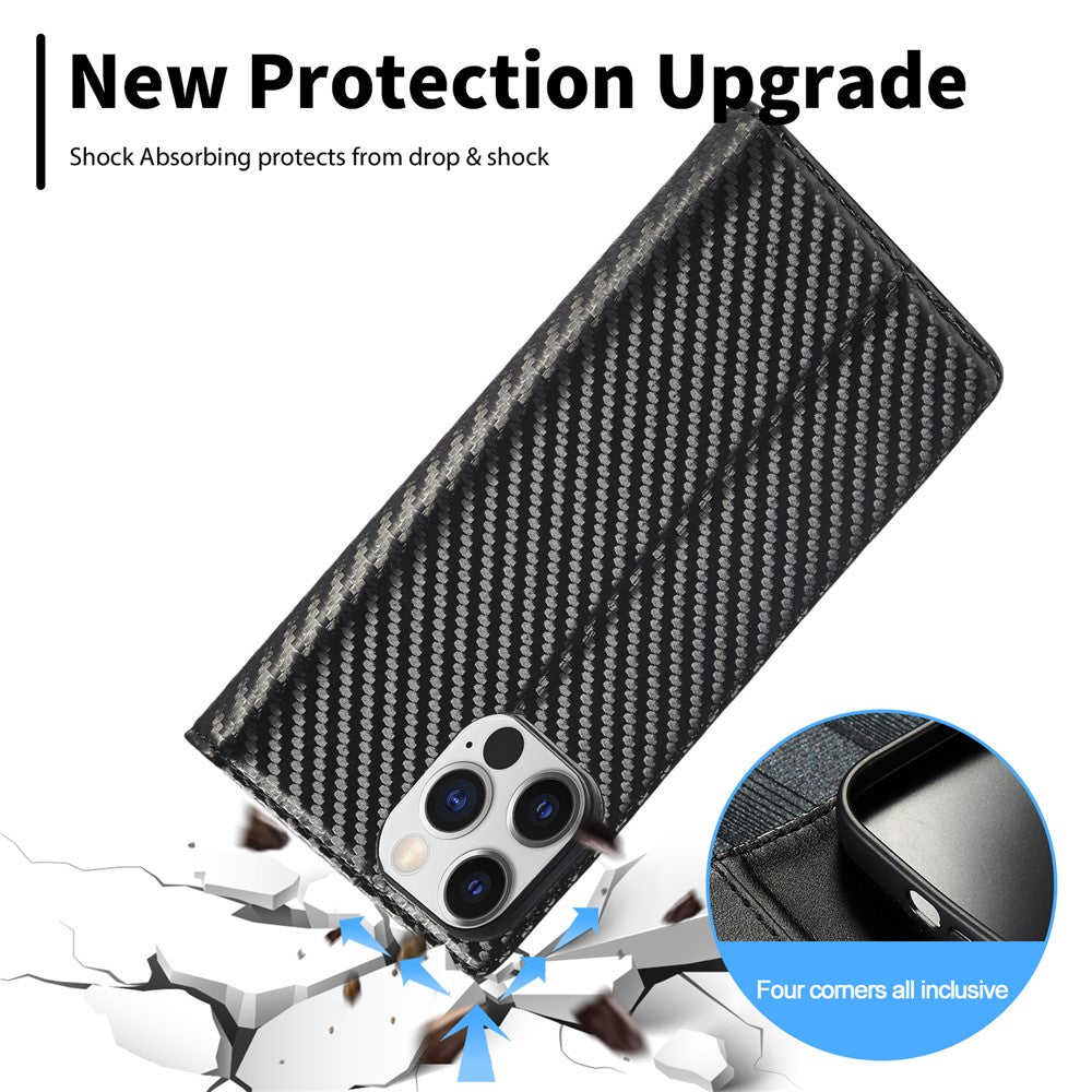 LC.IMEEKE For iPhone 15 Pro Carbon Fiber Texture Stand Cover Wallet Phone Leather Case