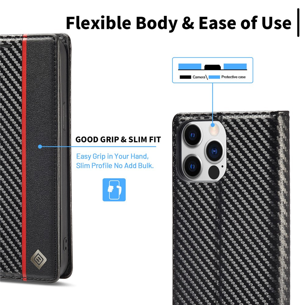 LC.IMEEKE For iPhone 15 Pro Carbon Fiber Texture Stand Cover Wallet Phone Leather Case