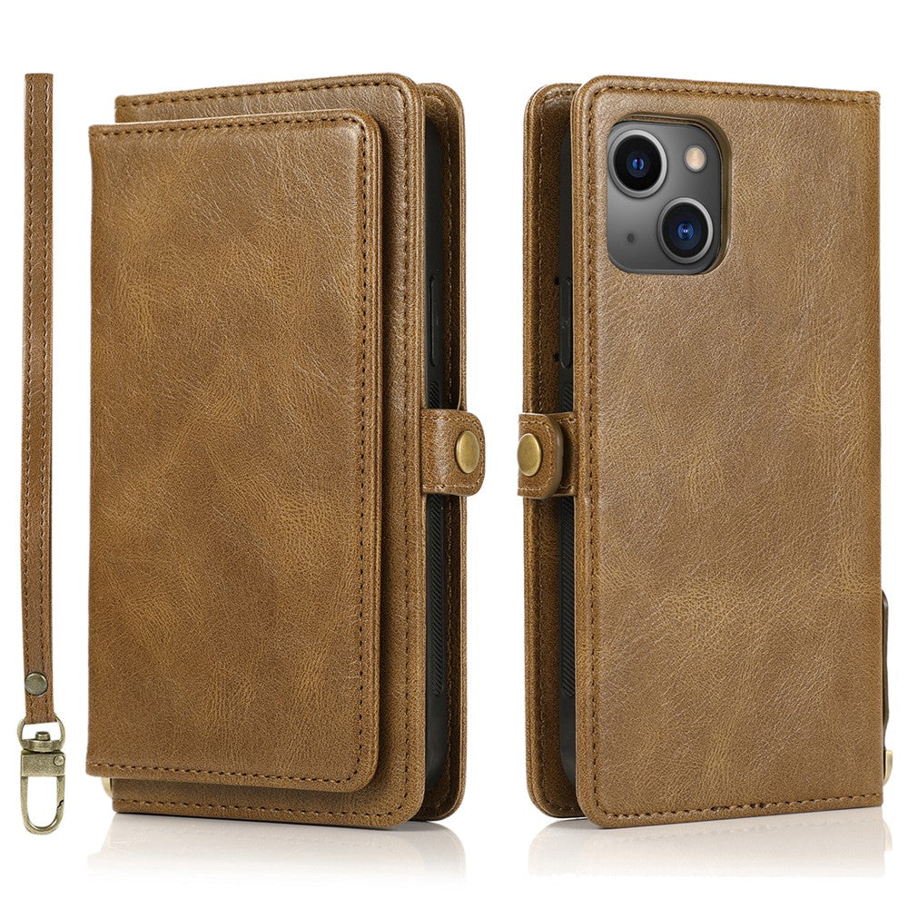 Wallet Phone Case for iPhone 13 mini 5.4 inch Detachable 2-in-1 TPU+PU Leather Flip Cover with Strap