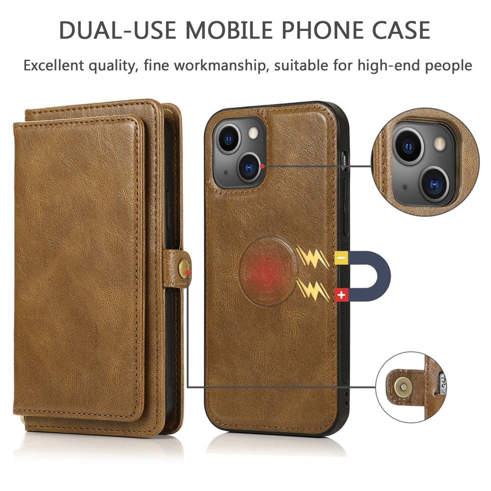 Wallet Phone Case for iPhone 13 mini 5.4 inch Detachable 2-in-1 TPU+PU Leather Flip Cover with Strap