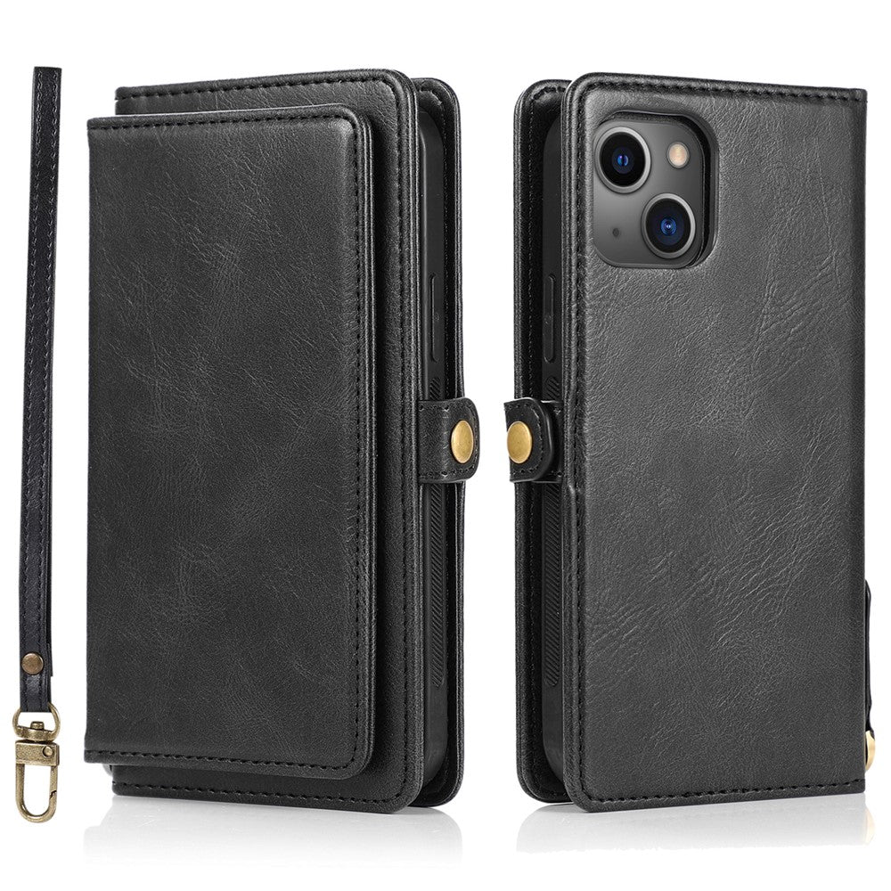 Wallet Phone Case for iPhone 13 mini 5.4 inch Detachable 2-in-1 TPU+PU Leather Flip Cover with Strap