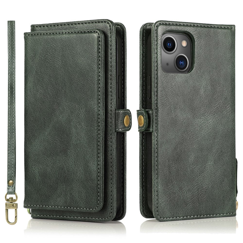 Wallet Phone Case for iPhone 13 mini 5.4 inch Detachable 2-in-1 TPU+PU Leather Flip Cover with Strap