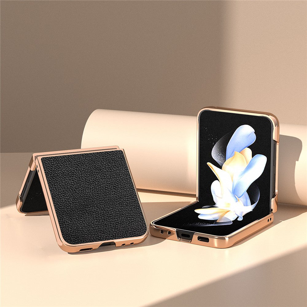 For Samsung Galaxy Z Flip5 5G Electroplating Back Cover Genuine Cow Leather + PC Litchi Texture Phone Case