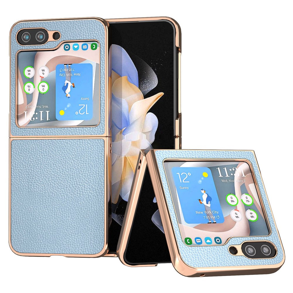 For Samsung Galaxy Z Flip5 5G Electroplating Back Cover Genuine Cow Leather + PC Litchi Texture Phone Case
