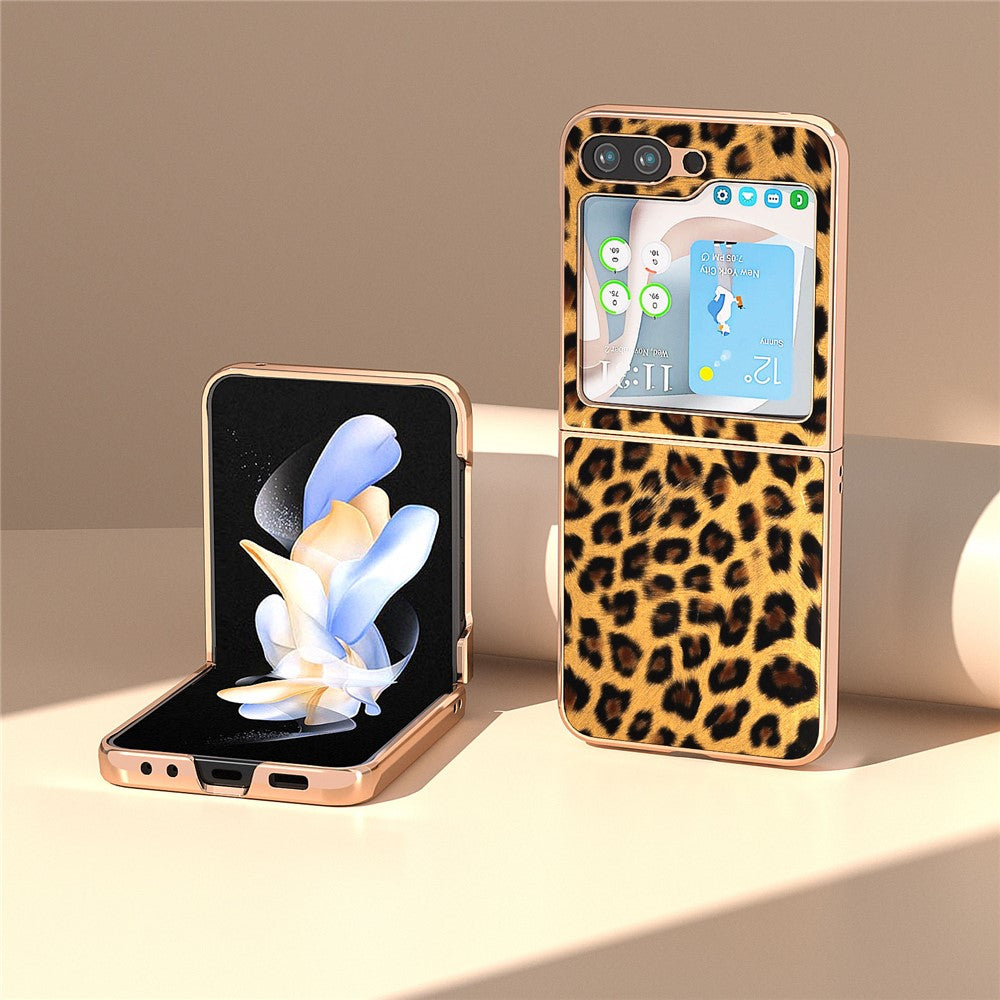 For Samsung Galaxy Z Flip5 5G Leopard Pattern Phone Case PU Leather + PC Electroplating Cover