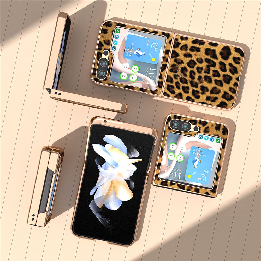 For Samsung Galaxy Z Flip5 5G Leopard Pattern Phone Case PU Leather + PC Electroplating Cover