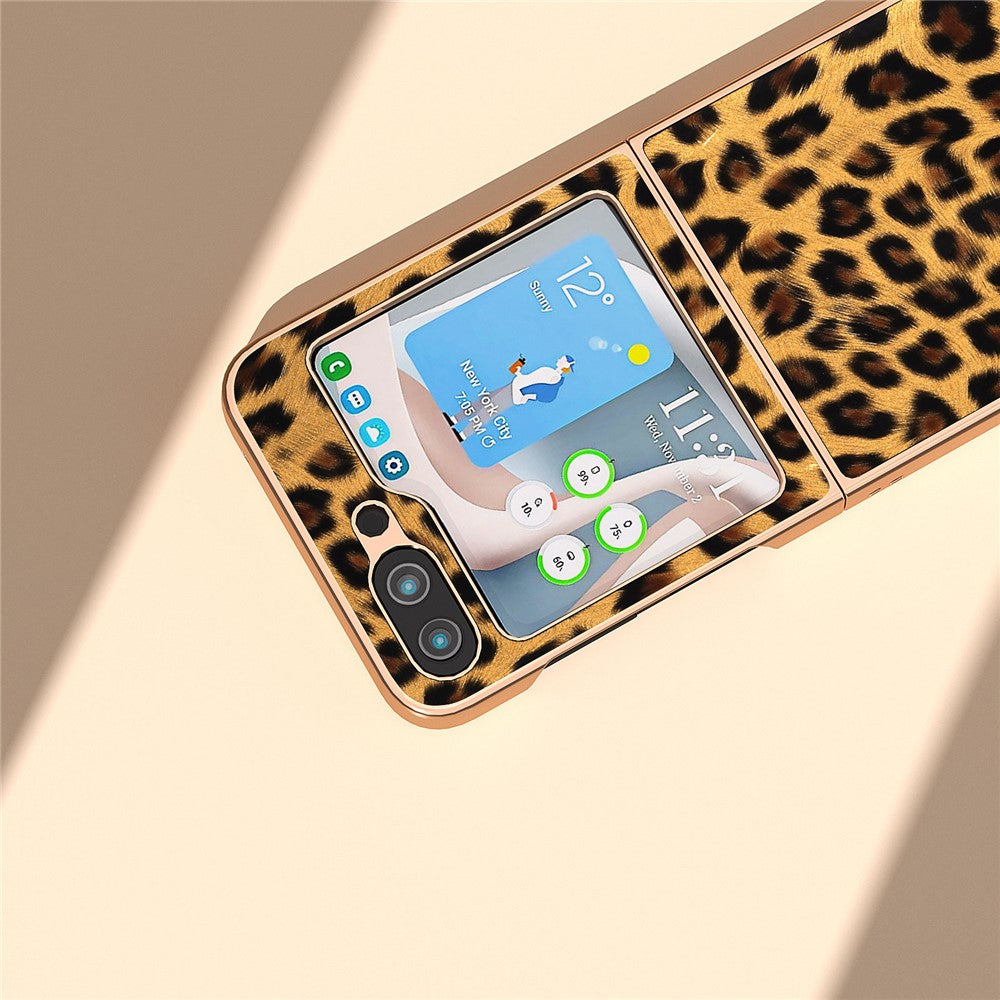 For Samsung Galaxy Z Flip5 5G Leopard Pattern Phone Case PU Leather + PC Electroplating Cover