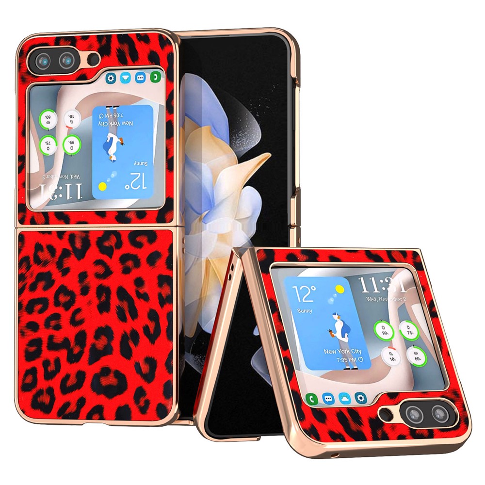 For Samsung Galaxy Z Flip5 5G Leopard Pattern Phone Case PU Leather + PC Electroplating Cover
