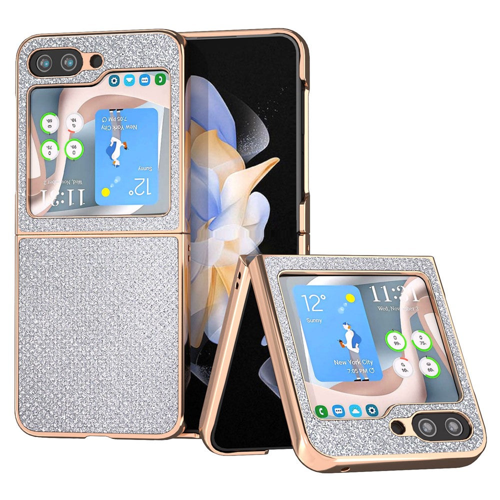 Til Samsung Galaxy Z Flip5 5G PU-læder + PC Anti-fald cover med rhinstens-tekstur og galvaniseret ramme