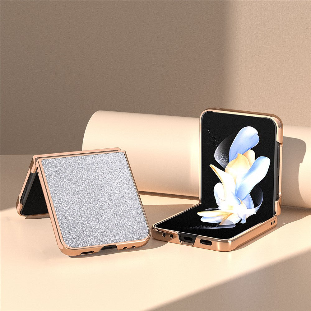 Til Samsung Galaxy Z Flip5 5G PU-læder + PC Anti-fald cover med rhinstens-tekstur og galvaniseret ramme