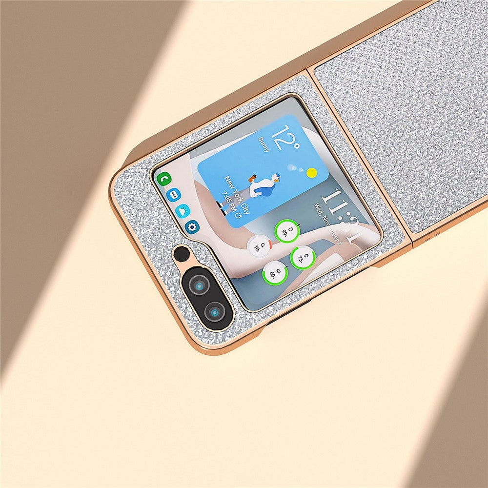 Til Samsung Galaxy Z Flip5 5G PU-læder + PC Anti-fald cover med rhinstens-tekstur og galvaniseret ramme