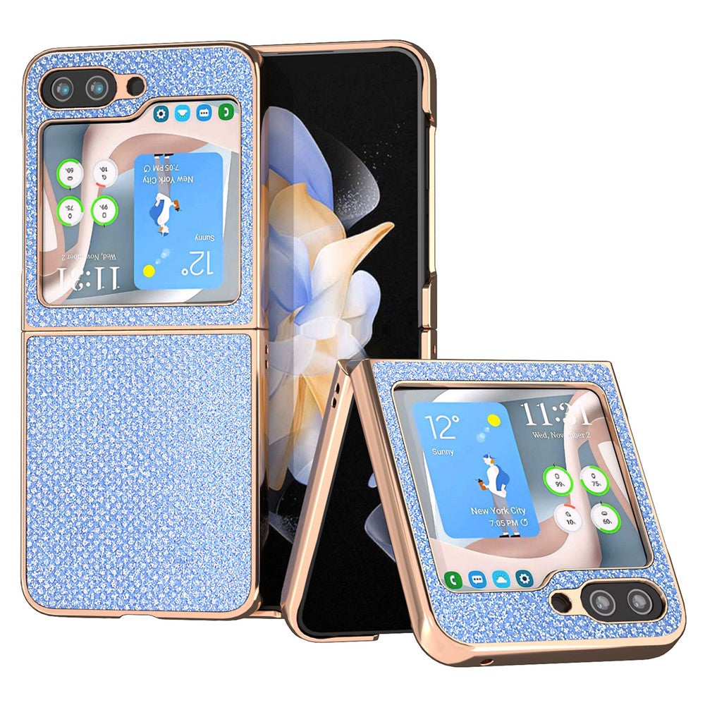 Til Samsung Galaxy Z Flip5 5G PU-læder + PC Anti-fald cover med rhinstens-tekstur og galvaniseret ramme