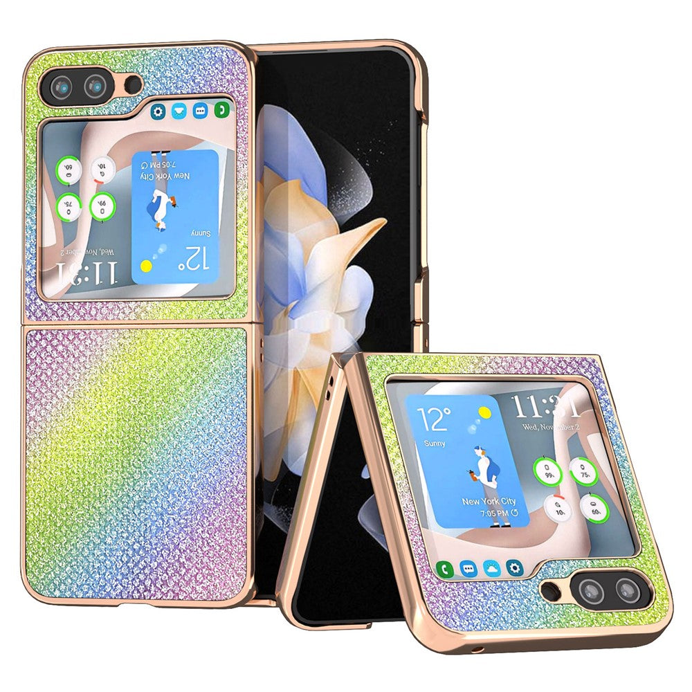 Til Samsung Galaxy Z Flip5 5G PU-læder + PC Anti-fald cover med rhinstens-tekstur og galvaniseret ramme