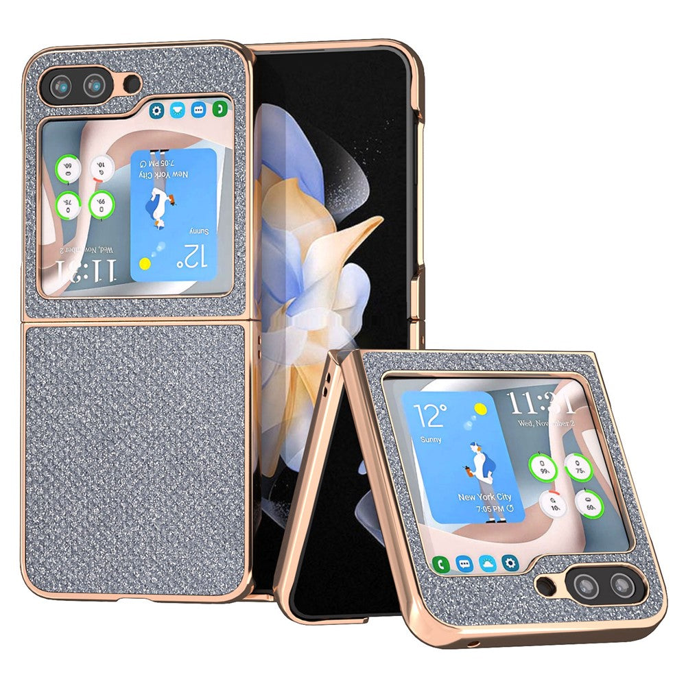 Til Samsung Galaxy Z Flip5 5G PU-læder + PC Anti-fald cover med rhinstens-tekstur og galvaniseret ramme