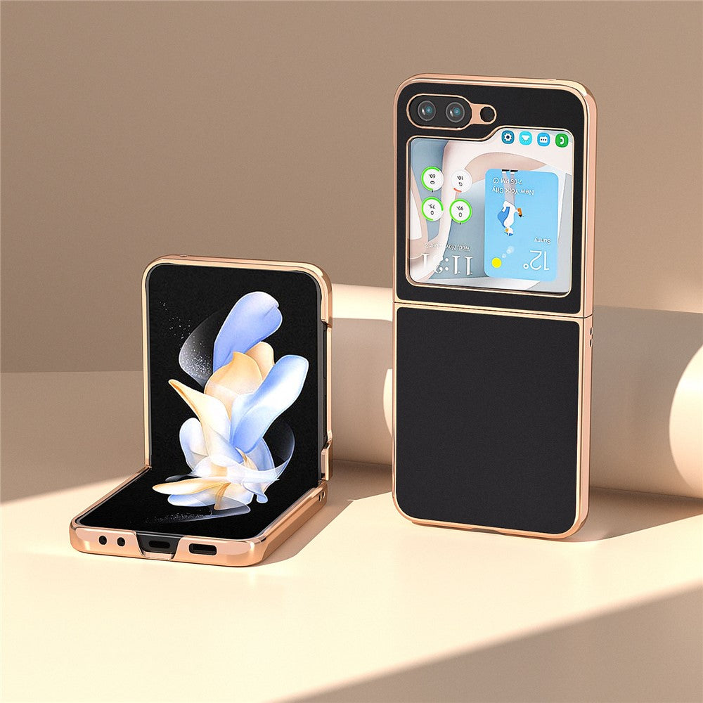For Samsung Galaxy Z Flip5 5G Silky Series Electroplating Phone Case Genuine Cow Leather + PC Cover