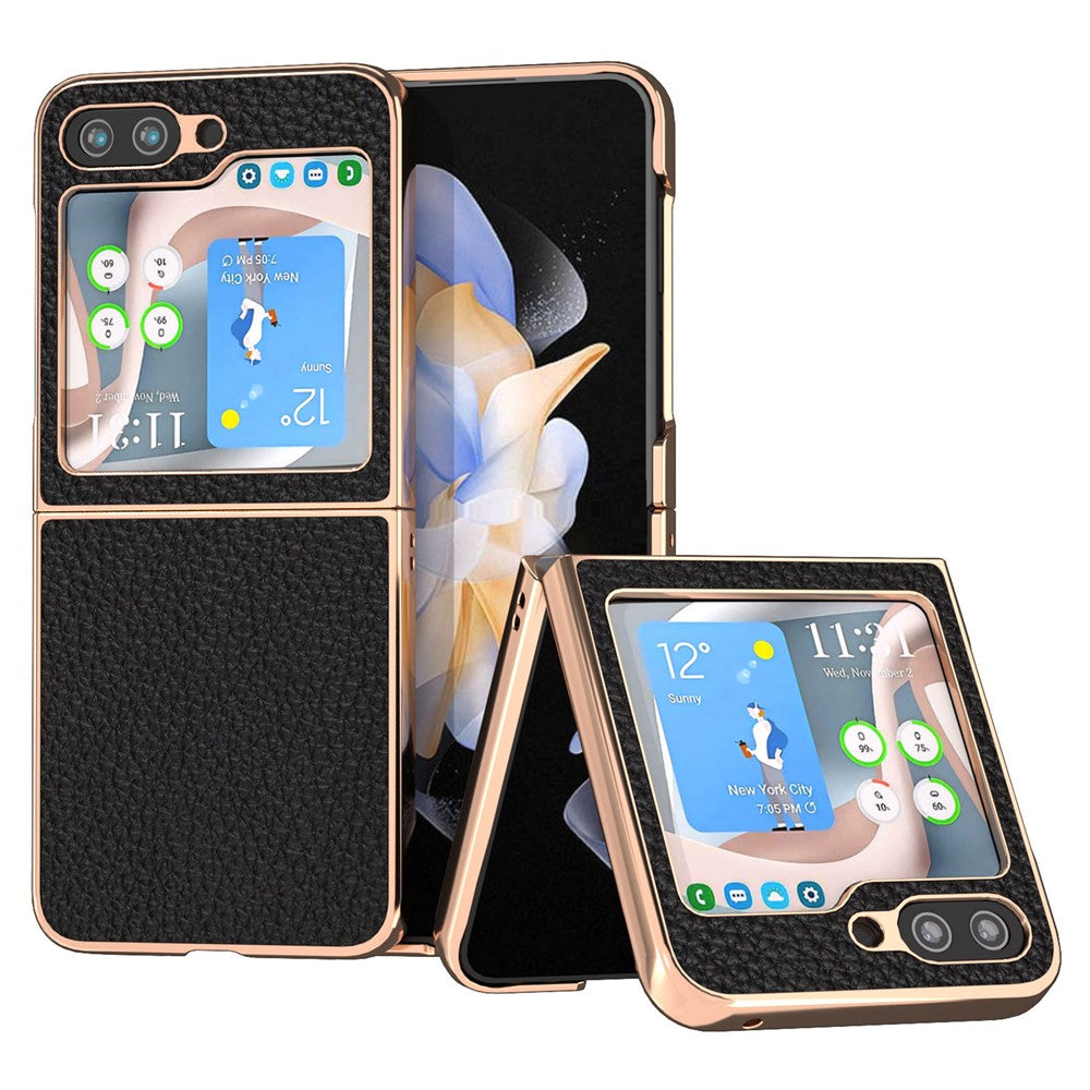 Til Samsung Galaxy Z Flip5 5G Litchi tekstur bagcover ægte koskindbelagt PC elektroplateret telefonetui