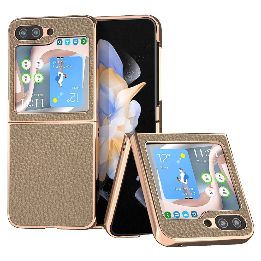 Til Samsung Galaxy Z Flip5 5G Litchi tekstur bagcover ægte koskindbelagt PC elektroplateret telefonetui