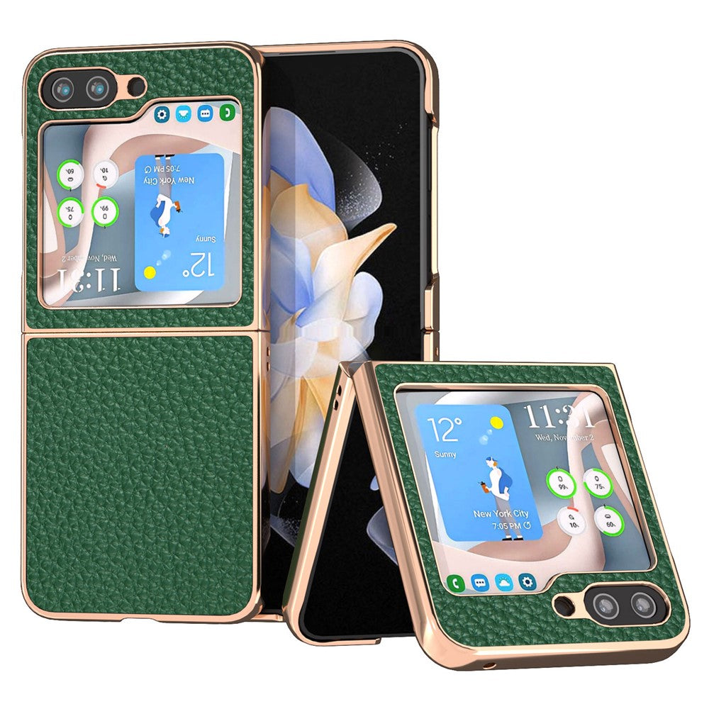 Til Samsung Galaxy Z Flip5 5G Litchi tekstur bagcover ægte koskindbelagt PC elektroplateret telefonetui