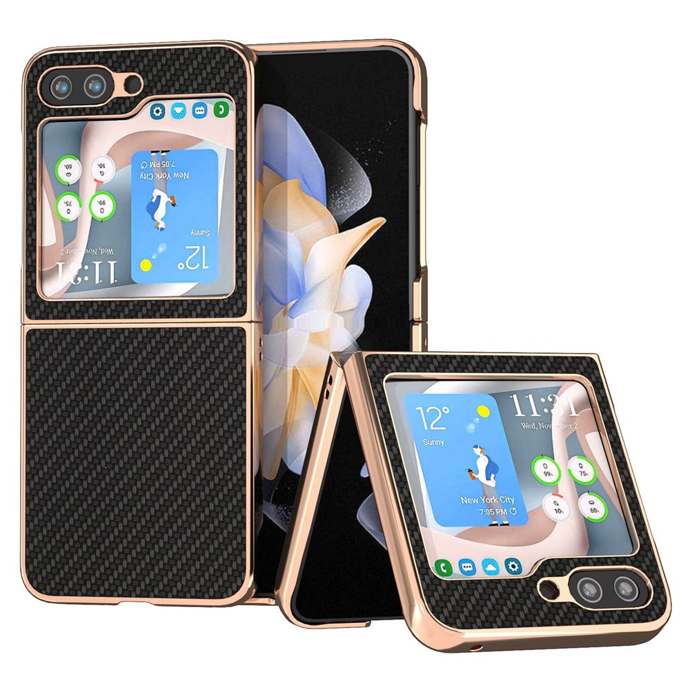 Til Samsung Galaxy Z Flip5 5G Telefoncover med kulfibertekstur i PU-læder + PC-galvanisering