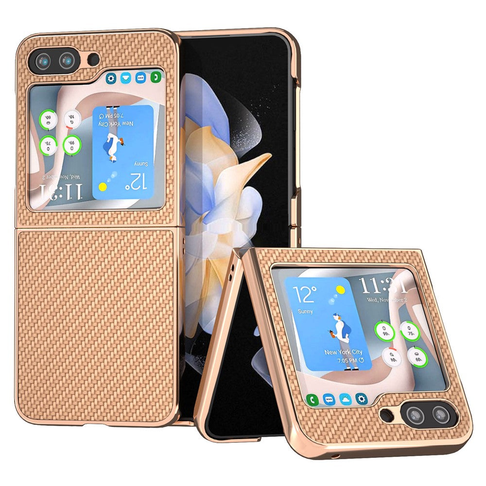 Til Samsung Galaxy Z Flip5 5G Telefoncover med kulfibertekstur i PU-læder + PC-galvanisering