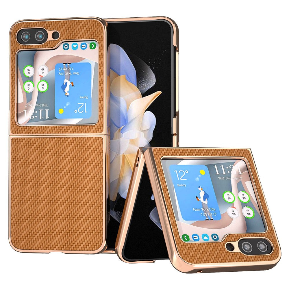 Til Samsung Galaxy Z Flip5 5G Telefoncover med kulfibertekstur i PU-læder + PC-galvanisering