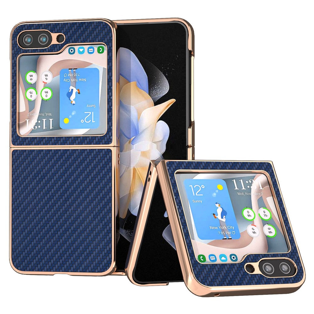 Til Samsung Galaxy Z Flip5 5G Telefoncover med kulfibertekstur i PU-læder + PC-galvanisering