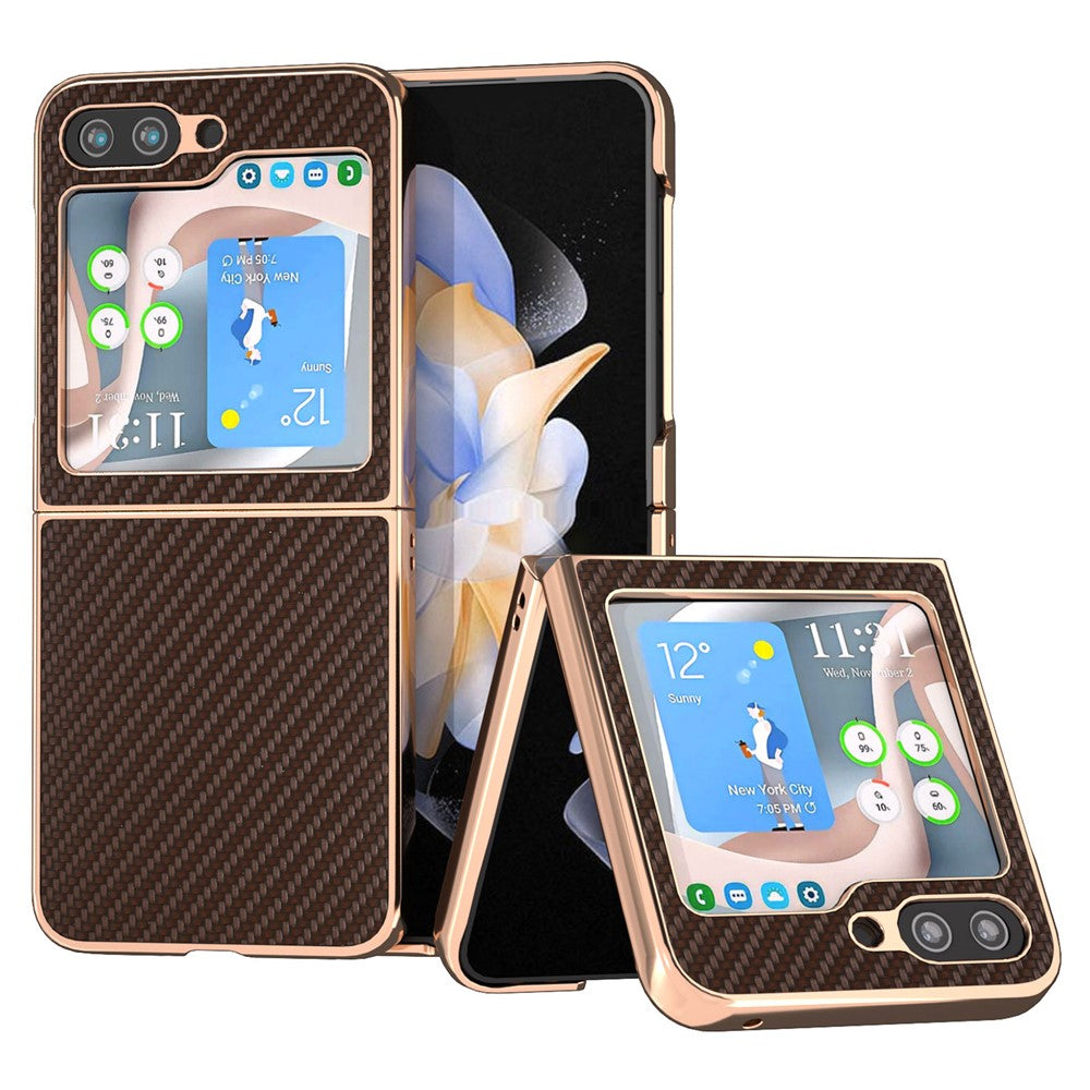 Til Samsung Galaxy Z Flip5 5G Telefoncover med kulfibertekstur i PU-læder + PC-galvanisering