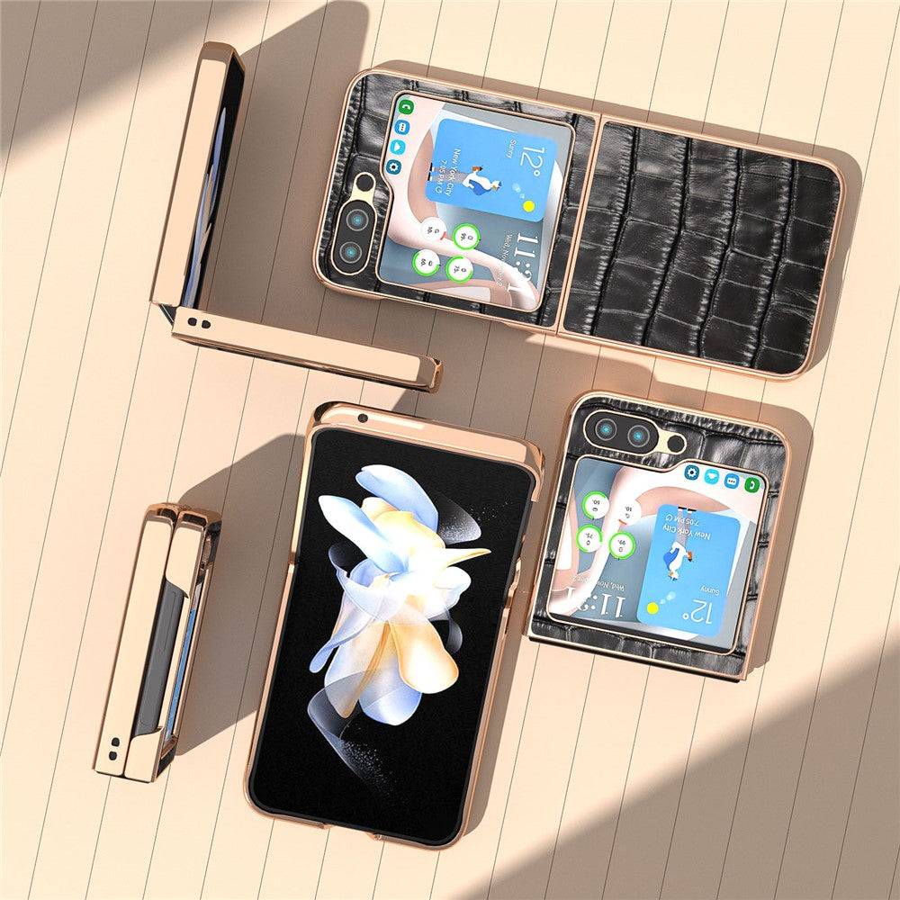 Til Samsung Galaxy Z Flip5 5G Bagcover i Krokodillemønster Ægte Koskind + PC Nano Galvaniseret Telefoncover