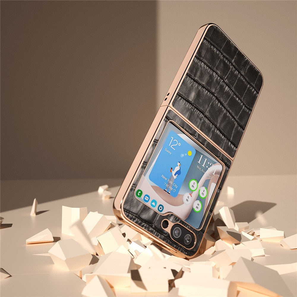Til Samsung Galaxy Z Flip5 5G Bagcover i Krokodillemønster Ægte Koskind + PC Nano Galvaniseret Telefoncover