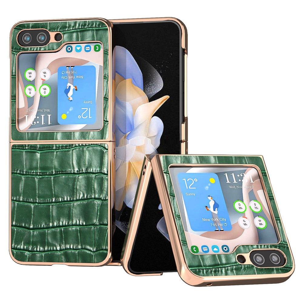 Til Samsung Galaxy Z Flip5 5G Bagcover i Krokodillemønster Ægte Koskind + PC Nano Galvaniseret Telefoncover