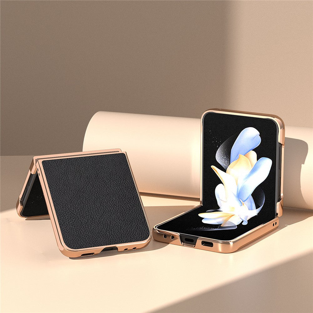 For Samsung Galaxy Z Flip5 5G Lychee Texture Phone Case Genuine Cow Leather + PC Nano Electroplating Cover