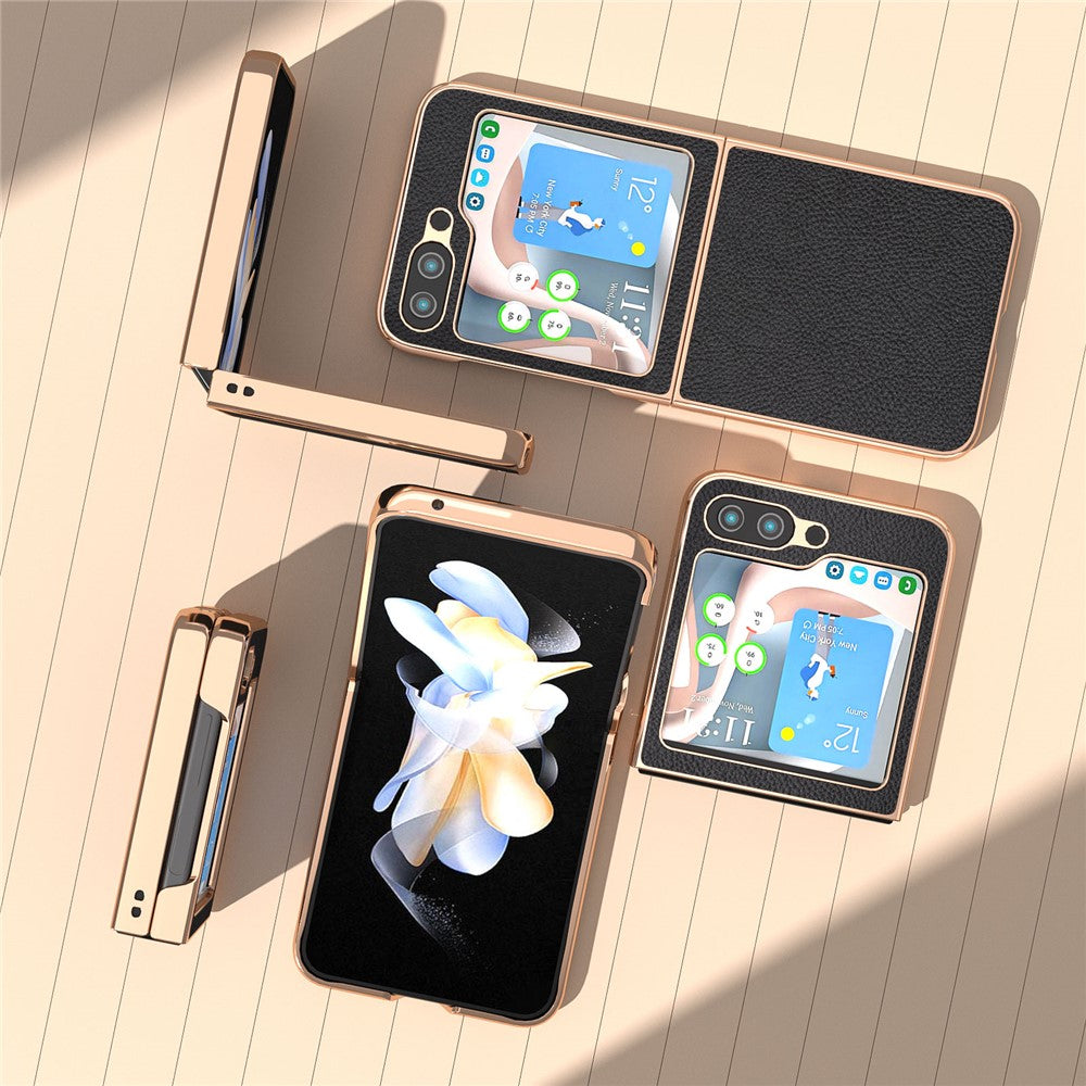 For Samsung Galaxy Z Flip5 5G Lychee Texture Phone Case Genuine Cow Leather + PC Nano Electroplating Cover